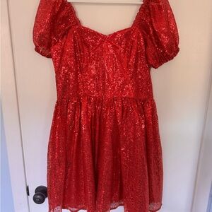 Unique Vintage Hot Pink Sequin Puff Sleeve Mini Dress
